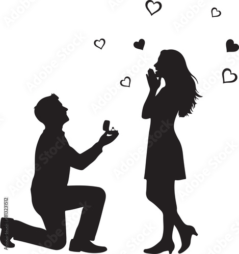 Romantic proposal silhouette with man kneeling offering ring to woman vector