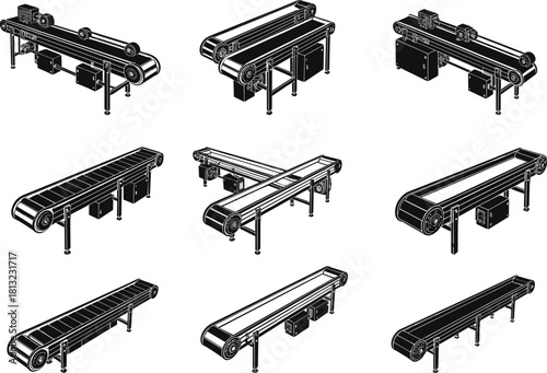 Conveyor belt system illustrations, industrial material handling designs with motor and support variations, flat vector