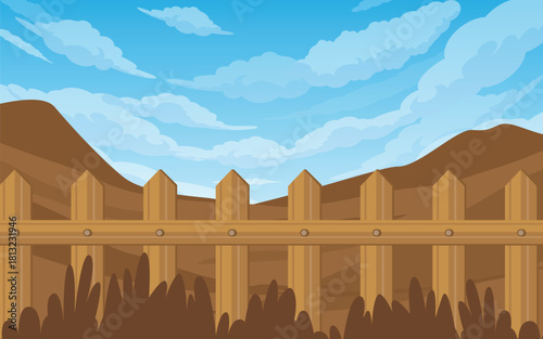 Rocky Mountain Scenery with Wooden Fence and Clear Blue Sky