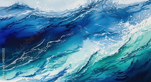 Fototapeta Naklejka Na Ścianę i Meble -  Abstract watercolor ocean wave texture with foam and splashes