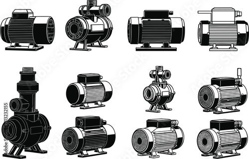 Electric motor and pump illustrations, mechanical housing and mounting styles for industrial systems, component layout, flat vector
