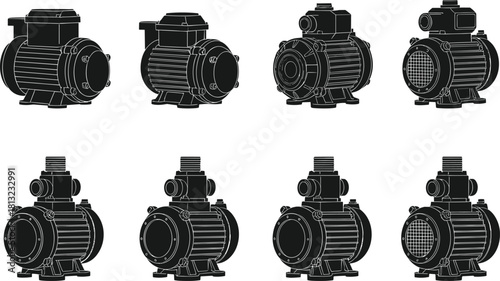 Electric water pump illustrations, motor housing and inlet-outlet configurations for industrial systems, component layout, flat vector