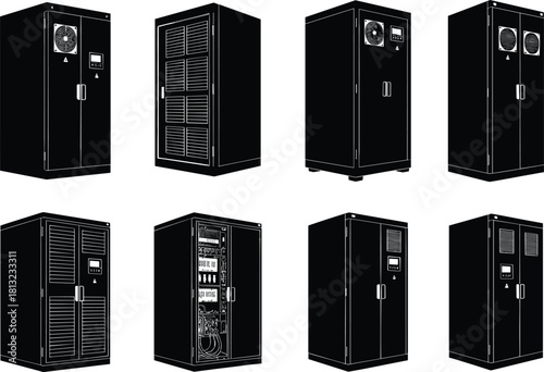 Electrical cabinet silhouette, industrial enclosure unit, server rack housing, power control box, ventilation panel, flat vector