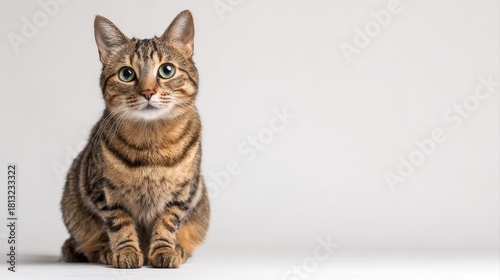 Studio portrait of a sitting tabby cat looking forward against a white back ground