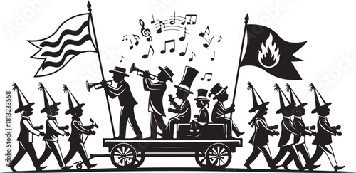 Whimsical Parade of Musicians and Performers in Black and White Silhouette