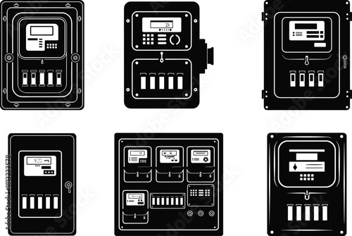 Electrical control panels, circuit breaker boxes, digital display units, switch gear icons, power system enclosures, flat vector