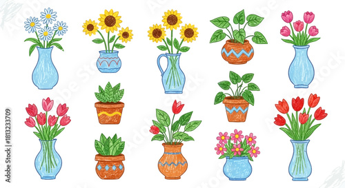 vibrant crayon drawing collection of potted plants and colorful flower bouquets in various vases and pots for spring nature and home decor.