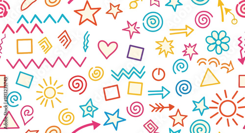 vibrant playful hand drawn seamless pattern of colorful doodle shapes on white ideal for childrens designs and creative projects.