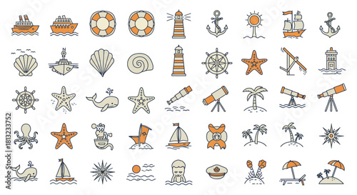 nautical and summer icons seamless pattern in colorful flat line art depicting marine life ships beach elements travel designs.