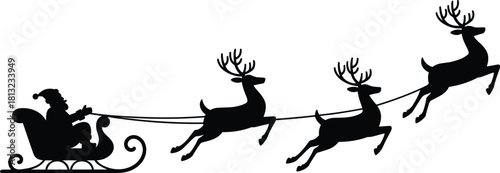 Santa Claus flying in his sleigh pulled by reindeer team, Christmas holiday black silhouette vector illustration, isolated on white.