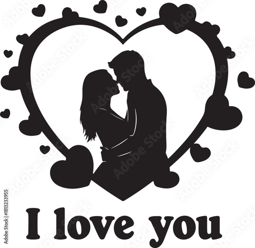 Romantic Silhouette of Couple Embracing Inside Heart Shape I Love You