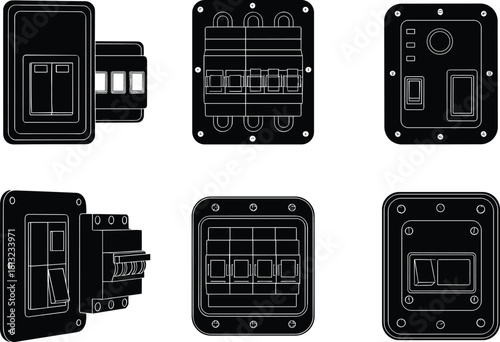 Electrical circuit breaker panels, switch configurations and safety components, technical control box layout, infrastructure sketch, flat vector