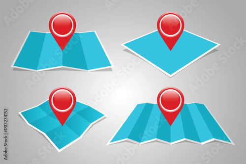 Glossy Folded Map Location Pointer Sign Symbol Icon Set