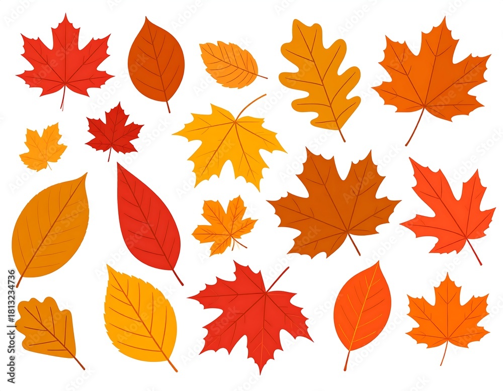 Fototapeta premium Assortment of vibrant, autumn-colored leaves scattered on a white background