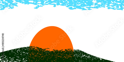 Abstract Orange Sun Setting or Rising Over Green Hill, Minimalist Digital Chalk or Sketch Landscape