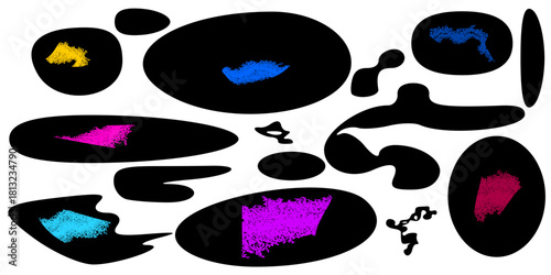 High-Contrast Abstract Black Shapes on White Background with Vibrant Textured Inner Fillings, Chaotic Digital Art Design in Blue, Pink, Yellow, and Red