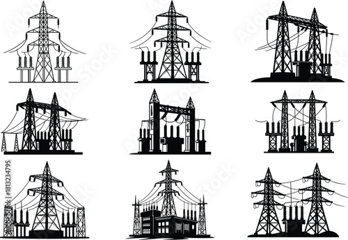 Electrical substation icons, transmission tower silhouettes, high-voltage gear, power grid elements, energy infrastructure design, flat vector