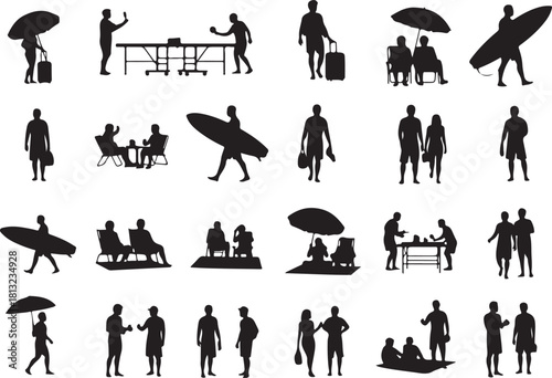 Silhouetted People Enjoying Summer Vacation Activities Vector Art Design Illustration
