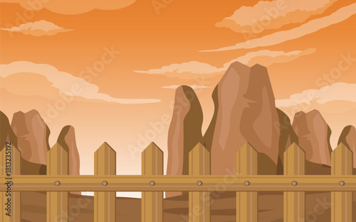 Desert Canyon View with Wooden Fence and Warm Sunset Sky