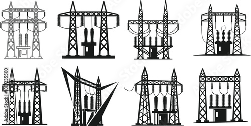 Electrical substation silhouettes, transmission tower icons, high-voltage infrastructure, power grid elements, energy system design, flat vector