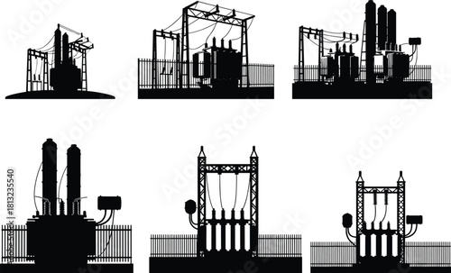 Electrical substation silhouettes, transformer station icons, power grid infrastructure, energy distribution design, flat vector