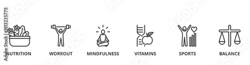 Healthy living banner concept illustration with icon of nutrition, workout, mindfulness, vitamins, sports and balance 