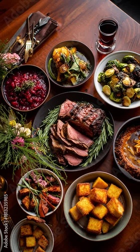 Holiday dinner plate with roasted meat, vegetables and cranberry sauce arranged on a festive table. Great for Christmas menus, catering ads, winter recipe content and gourmet branding.
