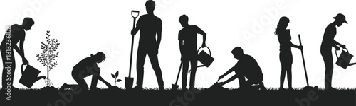 Vector silhouette illustration of people gardening, planting trees and flowers, working together in nature, isolated black graphic for community.
