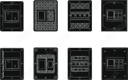 Electrical switch plate, outlet faceplate design, decorative cover silhouette, wall panel layout, interior hardware, flat vector