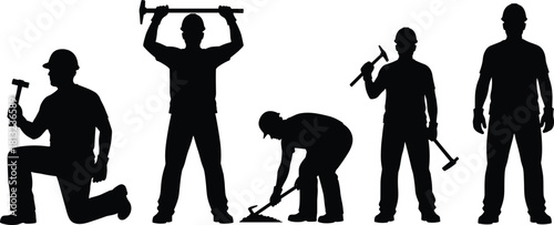 Black silhouettes of construction workers holding tools like hammers and shovels, wearing hard hats, standing in a row, representing strong industrial labor, teamwork, building.