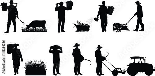 Collection of black silhouette farmers working in field, carrying crops, watering plants, grazing cow, using tractor and tools, isolated on white background vector illustration.