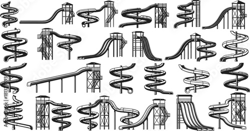 Blue vector water slide collection set for aquaparks and swimming pools, featuring spiral and straight designs, isolated on white background for summer amusement park.