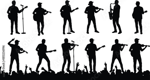 Collection of black vector silhouettes featuring musicians playing guitar violin and saxophone on stage performing live concert with cheering audience crowd background isolated on white