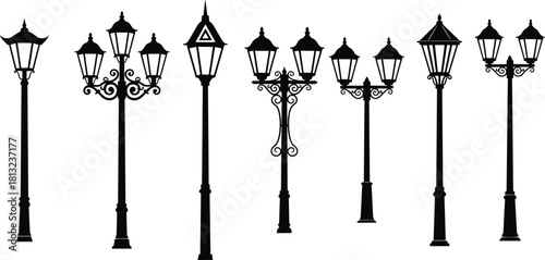 Collection of black vector silhouettes featuring vintage street lamps, antique garden lanterns, and Victorian light posts, isolated on white background for architectural design elements.