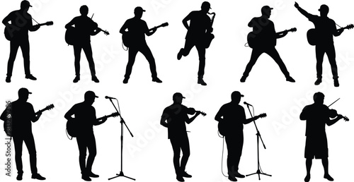 Set of black musician silhouettes playing acoustic guitar and violin, singing with microphone stand, isolated vector illustration for concert, rock band, festival, and musical performance.