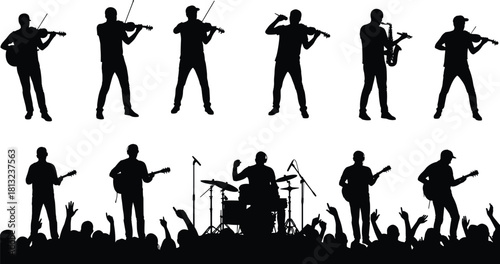 Set of black silhouettes showing musicians playing violins and saxophone, and a rock band performing on stage with a drummer and cheering crowd below.
