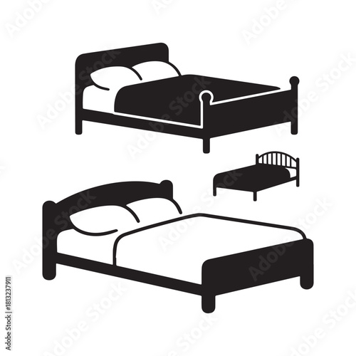 Bed Icon Collection Sleeping, Furniture, Mattress, and Bedroom Silhouette Vector Design.