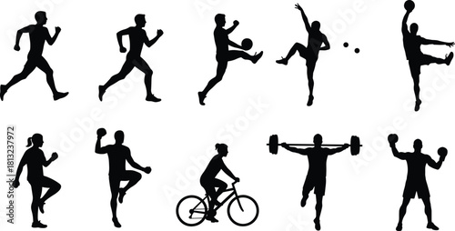 Set of ten dynamic black vector sports silhouettes featuring athletes running, playing soccer, cycling, and weightlifting, isolated on white background for fitness and athletic design.