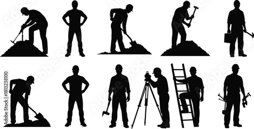 Set of vector black silhouettes depicting construction workers, builders, and engineers performing heavy labor, digging, surveying, and climbing ladders on an isolated white background.