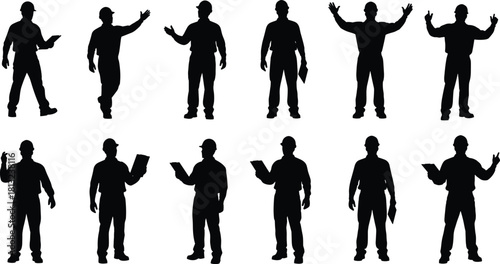 Silhouette set of construction workers, engineers wearing helmets, men holding blueprints, industrial foreman gestures, builders with hard hats, isolated vector collection on white background.