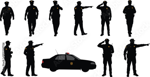 Vector set of black police officer silhouettes in action poses like walking, saluting, and pointing, including a patrol car isolated on white background for law enforcement.