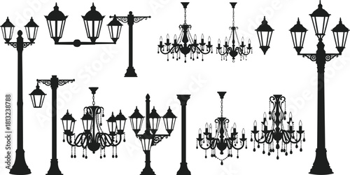 Elegant vintage street lamps and chandelier vector collection with ornate lantern designs, antique lighting fixtures, and decorative outdoor illumination.
