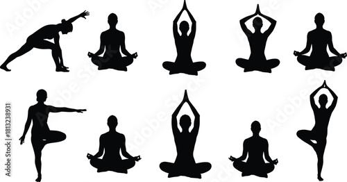 Yoga poses vector set, black silhouettes of meditation, fitness workout, spiritual relaxation, healthy lifestyle, pilates exercise, gym sport, and isolated stretching asana collection illustration.
