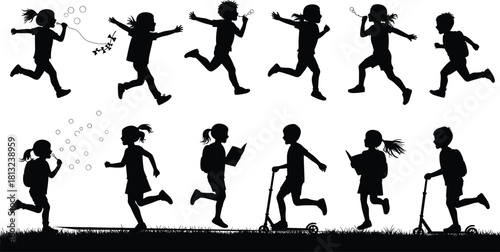 Vector silhouette set of happy children playing, running, jumping, riding scooters, blowing bubbles, and reading books, black shapes isolated on white background for school design.