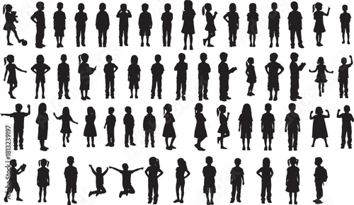 Children Silhouettes Vector Set – Playful Kids Standing, Walking & Waving Poses for Educational and Family Designs