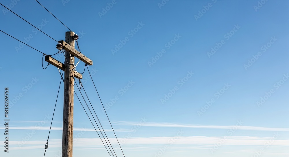 Fototapeta premium A wooden telephone pole with power lines against a clear blue sky.