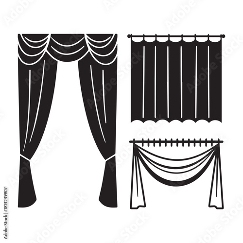  Decorative Curtain and Drape Icon Collection Window Treatment, Fabric, and Interior Design.