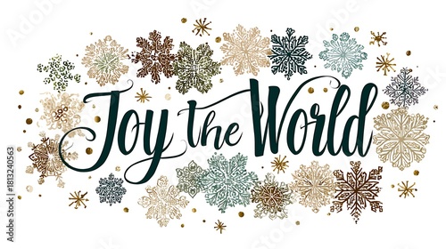 Joy the world text surrounded by snowflakes and gold glitter on a white background for christmas