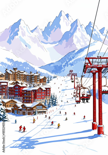 A vibrant watercolor illustration capturing a bustling ski resort nestled amidst majestic snow-capped mountains, showcasing ski lifts and skiers enjoying the winter landscape