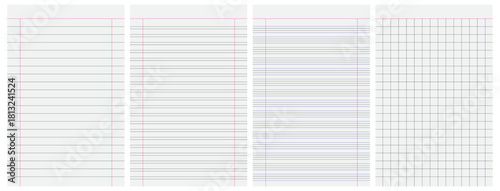 Set of blank sheets of broad lined, narrow lined, four lined and graph bar paper for office, school, drawing, homework, sketching with fully editable stroke